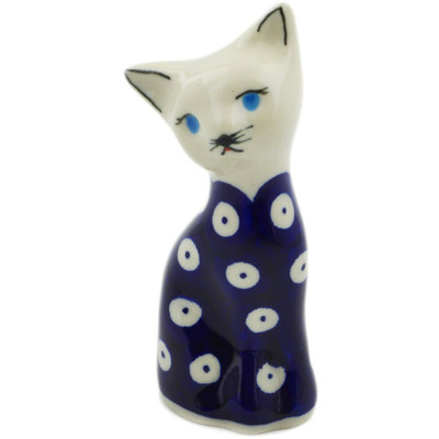 Polish Pottery Cat Figurine 4&quot; Blue Eyed Peacock