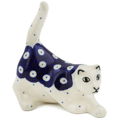 Polish Pottery Cat Figurine 4&quot; Blue Eyes