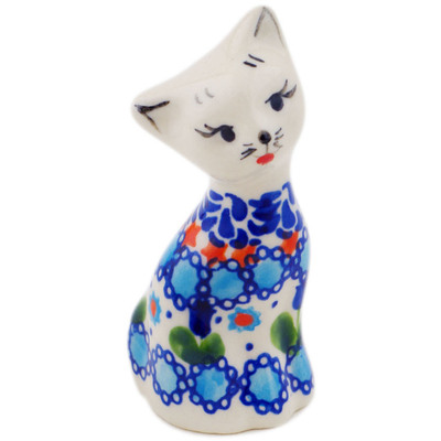 Polish Pottery Cat Figurine 4&quot; Blue Tulip Garden UNIKAT