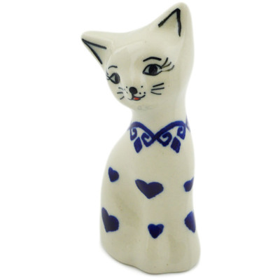 Polish Pottery Cat Figurine 4&quot; Blue Valentine Hearts