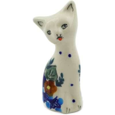 Polish Pottery Cat Figurine 4&quot; Bold Poppies