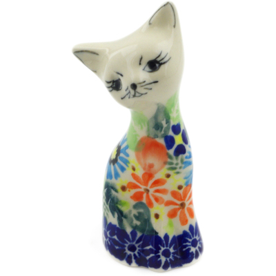 Polish Pottery Cat Figurine 4&quot; Bold Poppies UNIKAT