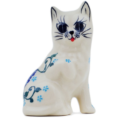 Polish Pottery Cat Figurine 4&quot; Cobalt Hydrangea UNIKAT