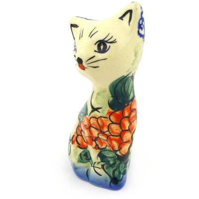 Polish Pottery Cat Figurine 4&quot; Colorful Bouquet UNIKAT