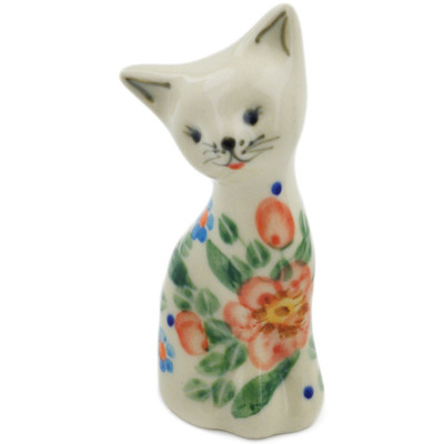 Polish Pottery Cat Figurine 4&quot; Peach Tudor Rose
