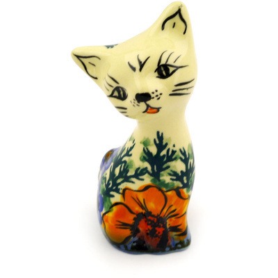 Polish Pottery Cat Figurine 4&quot; Peeking Yellows UNIKAT