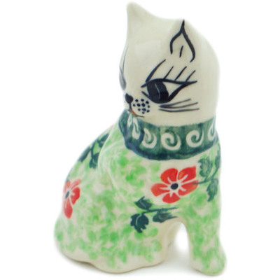 Polish Pottery Cat Figurine 4&quot; Poppies Charm UNIKAT