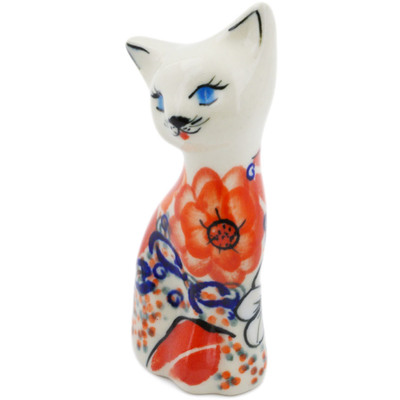 Polish Pottery Cat Figurine 4&quot; Poppy Passion