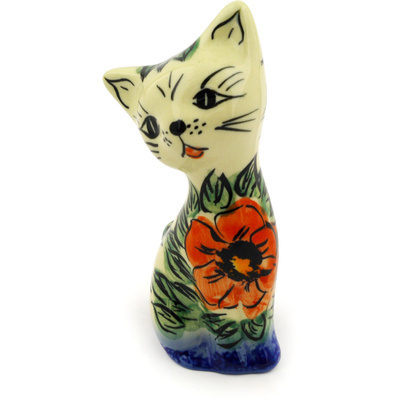 Polish Pottery Cat Figurine 4&quot; Poppy Passion UNIKAT