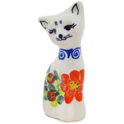 Polish Pottery Cat Figurine 4&quot; Red Blossom