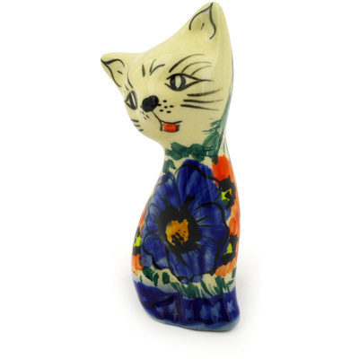 Polish Pottery Cat Figurine 4&quot; Spring Bouquet UNIKAT