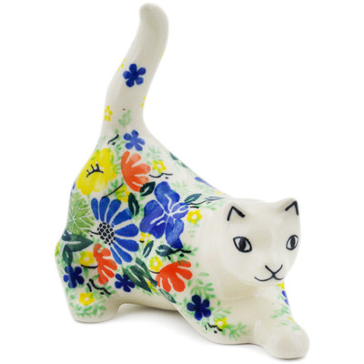 Polish Pottery Cat Figurine 4&quot; Wildflower Wreath UNIKAT