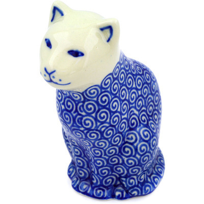Polish Pottery Cat Figurine 5&quot; Baltic Blue