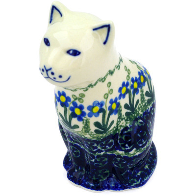 Polish Pottery Cat Figurine 5&quot; Blue Daisy Circle