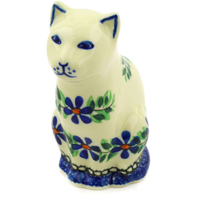 Polish Pottery Cat Figurine 5&quot; Blue Daisy Swirls