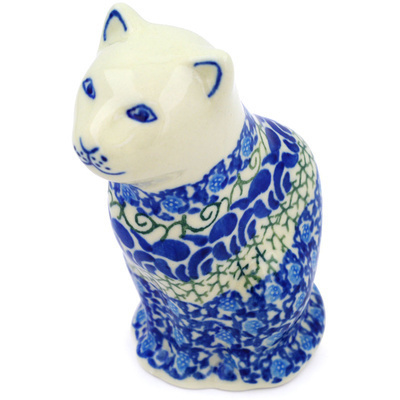 Polish Pottery Cat Figurine 5&quot; Blue Passion