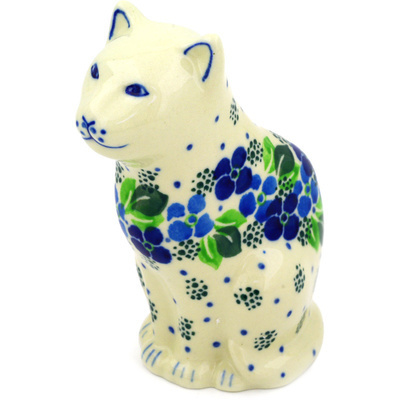 Polish Pottery Cat Figurine 5&quot; Blue Phlox