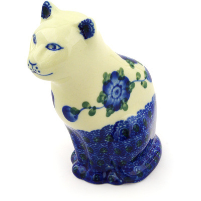 Polish Pottery Cat Figurine 5&quot; Blue Poppies