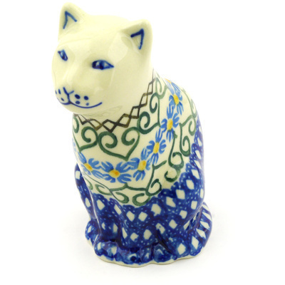 Polish Pottery Cat Figurine 5&quot; Chickory Heart Vines