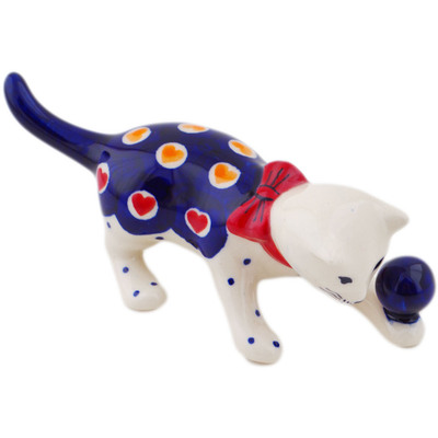 Polish Pottery Cat Figurine 5&quot; Heart Disco UNIKAT