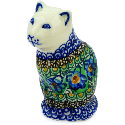 Polish Pottery Cat Figurine 5&quot; Mardi Gra UNIKAT
