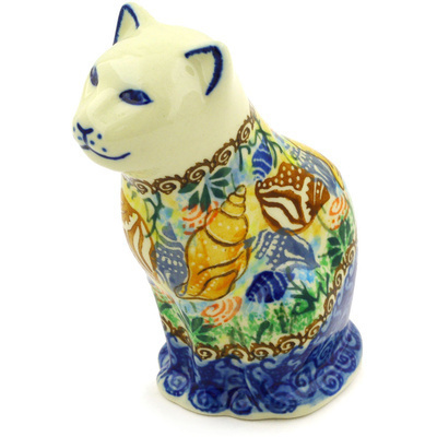 Polish Pottery Cat Figurine 5&quot; Ocean Whisper UNIKAT