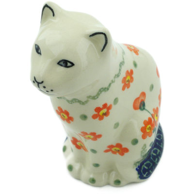 Polish Pottery Cat Figurine 5&quot; Peach Spring Daisy
