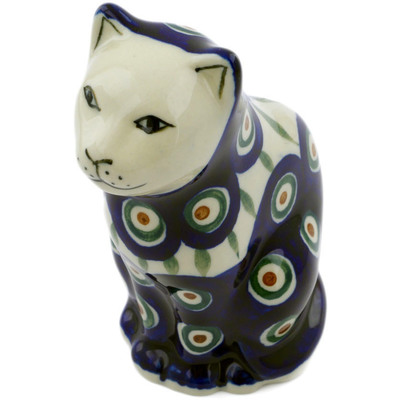 Polish Pottery Cat Figurine 5&quot; Peacock Leaves