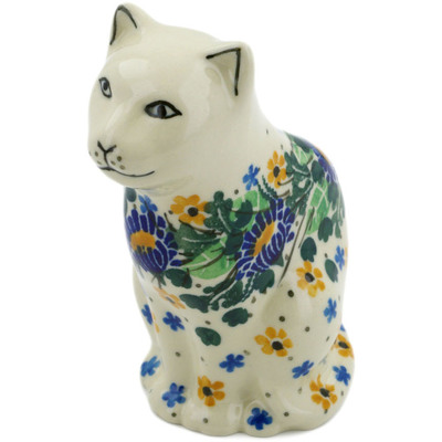 Polish Pottery Cat Figurine 5&quot; Peeking Flowers UNIKAT