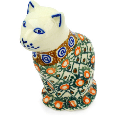 Polish Pottery Cat Figurine 5&quot; Polish Basket UNIKAT