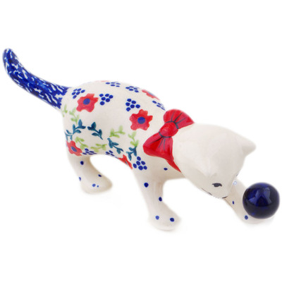 Polish Pottery Cat Figurine 5&quot; Rings Of Happiness