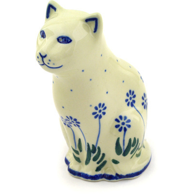 Polish Pottery Cat Figurine 5&quot; Springing Calendulas