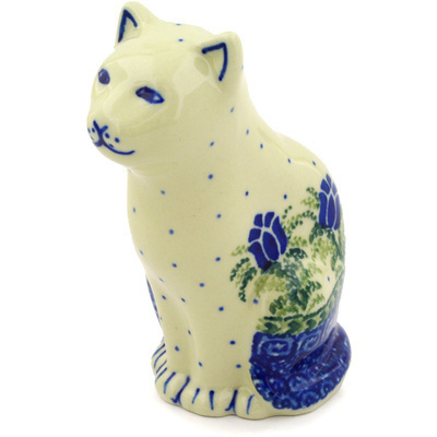 Polish Pottery Cat Figurine 5&quot; Tulip Motif UNIKAT