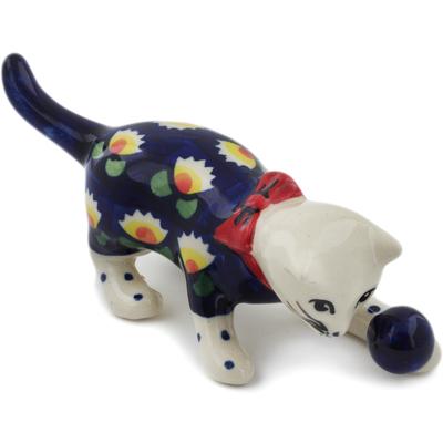 Polish Pottery Cat Figurine 5&quot; Waterlily