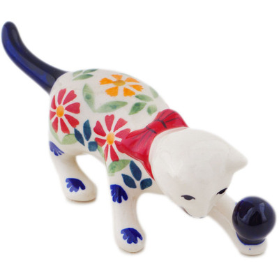 Polish Pottery Cat Figurine 5&quot; Wave Of Flowers