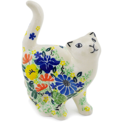 Polish Pottery Cat Figurine 5&quot; Wildflower Wreath UNIKAT