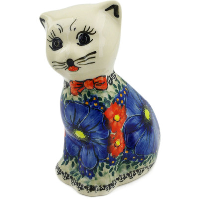 Polish Pottery Cat Figurine 6&quot; Aztec Flowers UNIKAT