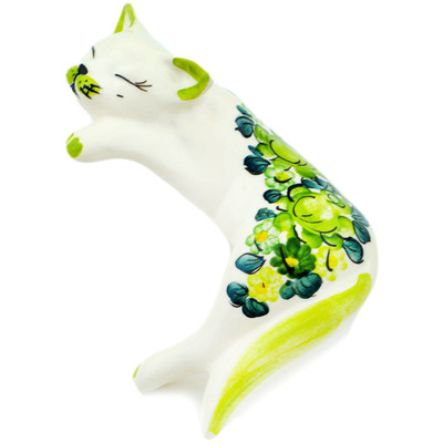 faience Cat Figurine 6&quot; Green Wave