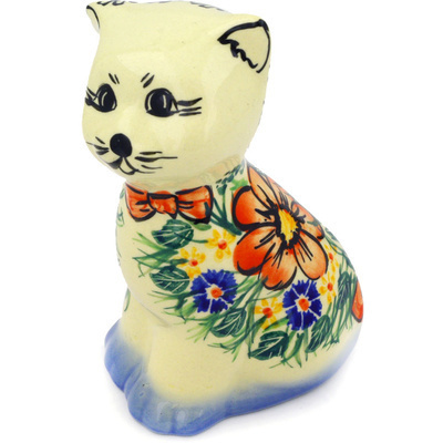 Polish Pottery Cat Figurine 6&quot; Wild Bouquet UNIKAT