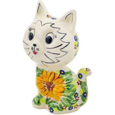 Polish Pottery Cat Figurine 6&quot; Yellow Petal Bliss UNIKAT