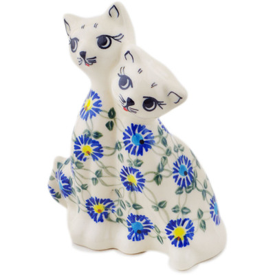 Polish Pottery Cat Figurine 7&quot; Blue Thistle Beauty