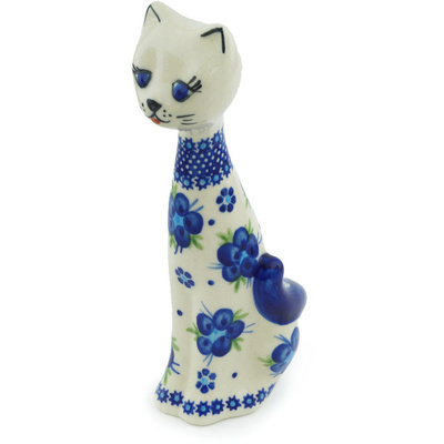 Polish Pottery Cat Figurine 8&quot; Bleu-belle Fleur