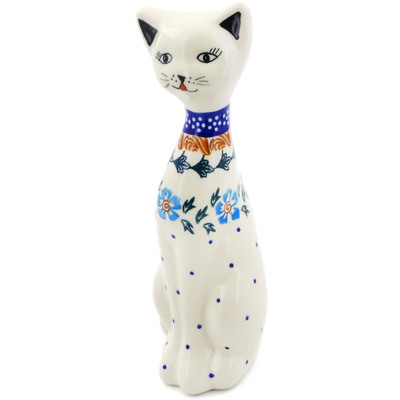 Polish Pottery Cat Figurine 8&quot; Blue Cornflower