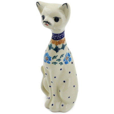 Polish Pottery Cat Figurine 8&quot; Blue Cornflower