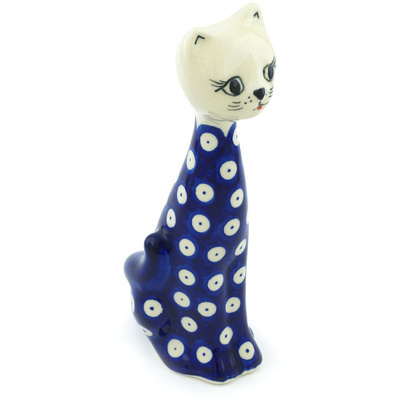 Polish Pottery Cat Figurine 8&quot; Blue Eyed Peacock