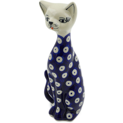 Polish Pottery Cat Figurine 8&quot; Blue Eyed Peacock