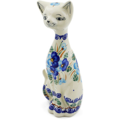 Polish Pottery Cat Figurine 8&quot; Blue Pansy