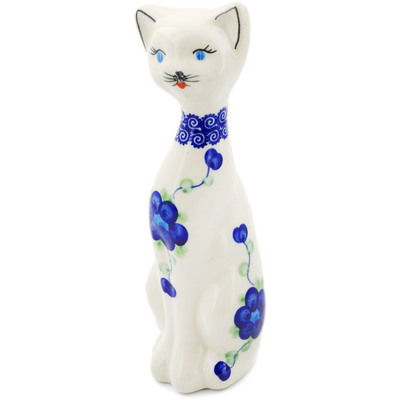 Polish Pottery Cat Figurine 8&quot; Blue Poppies