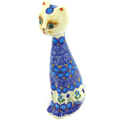 Polish Pottery Cat Figurine 8&quot; Blue Tulip Garden UNIKAT
