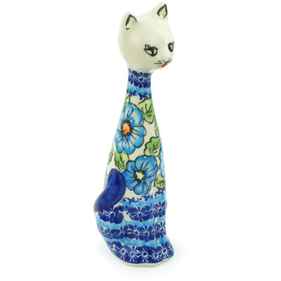 Polish Pottery Cat Figurine 8&quot; Bold Blue Poppies UNIKAT